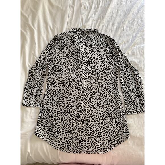 Leopard Print Pajama Dress Sleep Shirt Black White Collar Long Sleeve - Picture 3 of 7